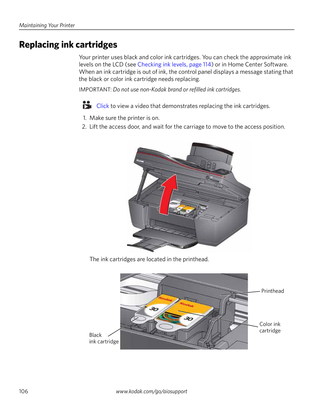 Kodak 4.2 manual Replacing ink cartridges 