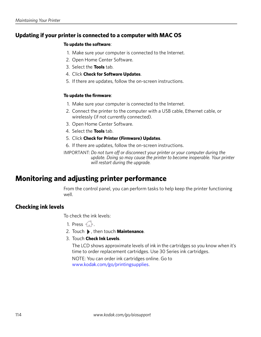 Kodak 4.2 manual Monitoring and adjusting printer performance, Checking ink levels 