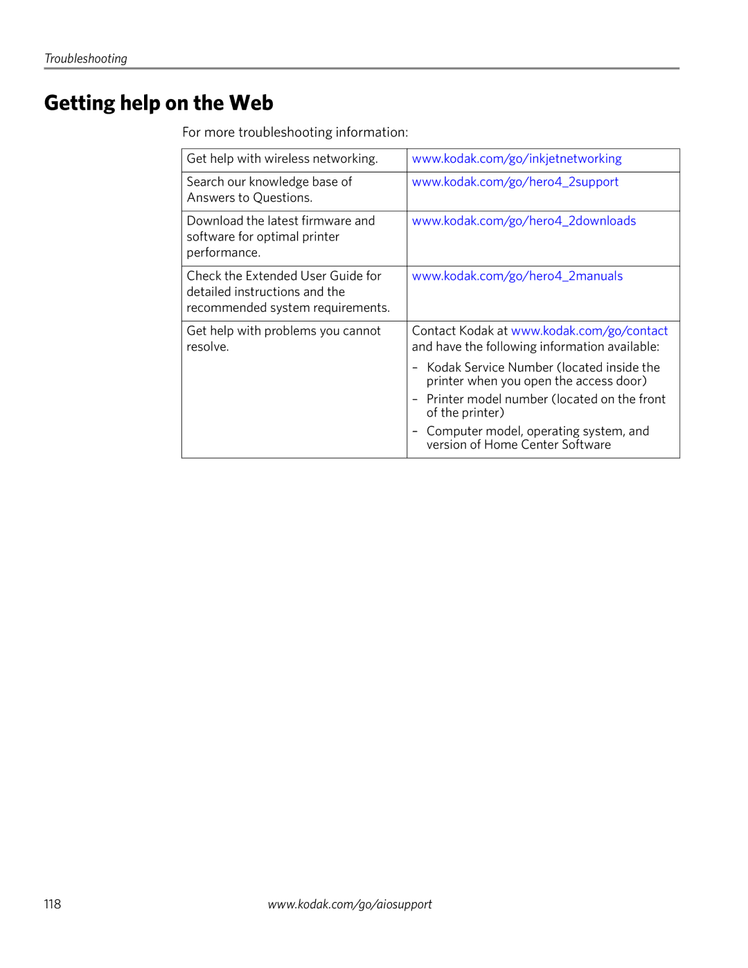 Kodak 4.2 manual Getting help on the Web, For more troubleshooting information 