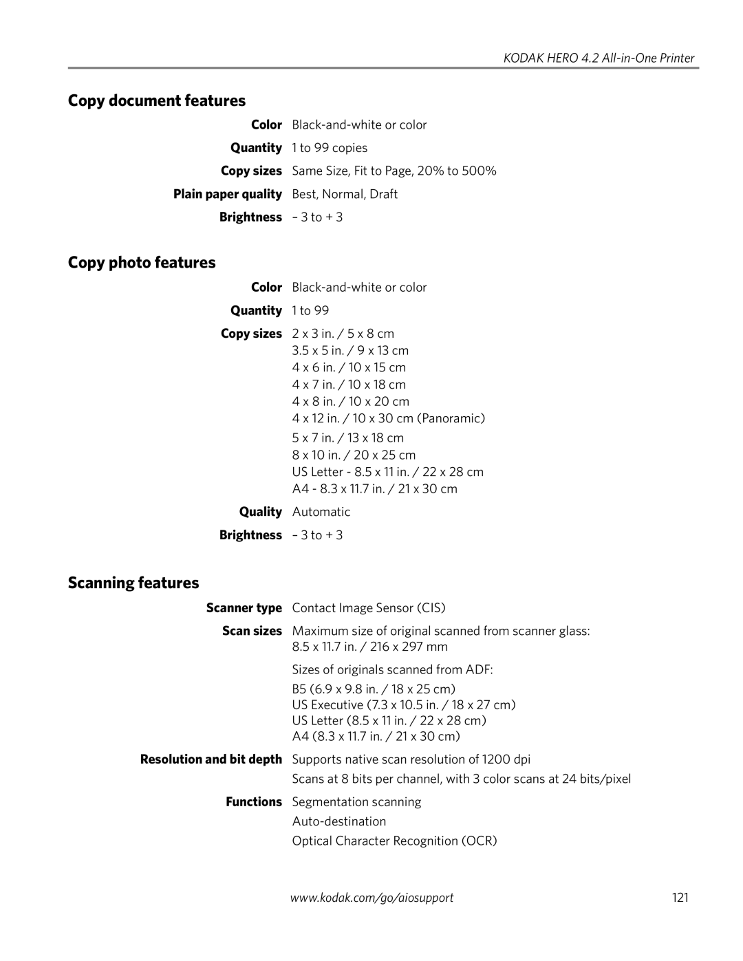 Kodak 4.2 manual Copy document features, Copy photo features, Scanning features 