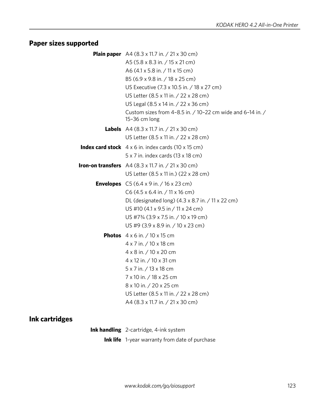 Kodak 4.2 manual Paper sizes supported, Ink cartridges 