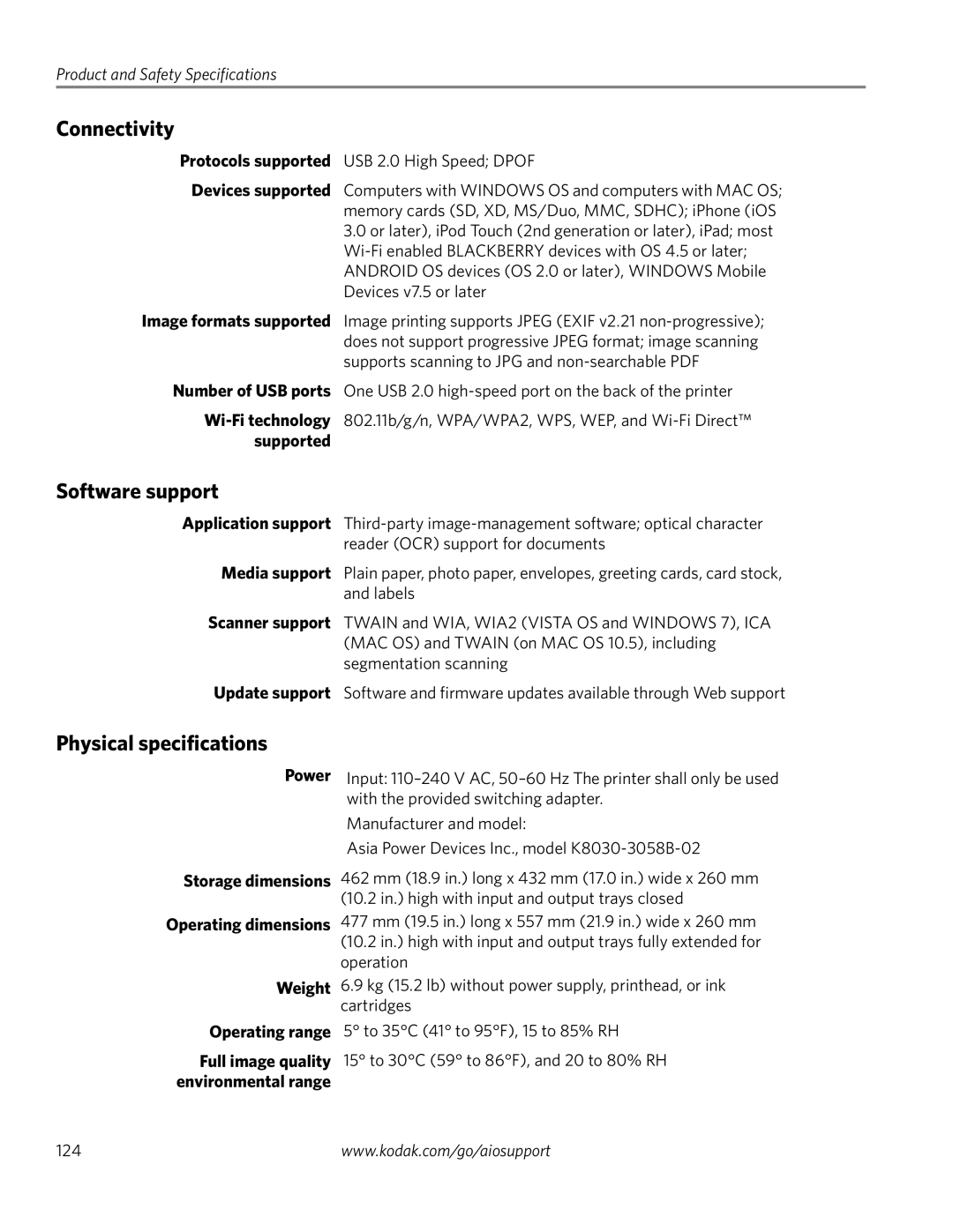 Kodak 4.2 manual Connectivity, Software support, Physical specifications, Power, Weight Operating range 