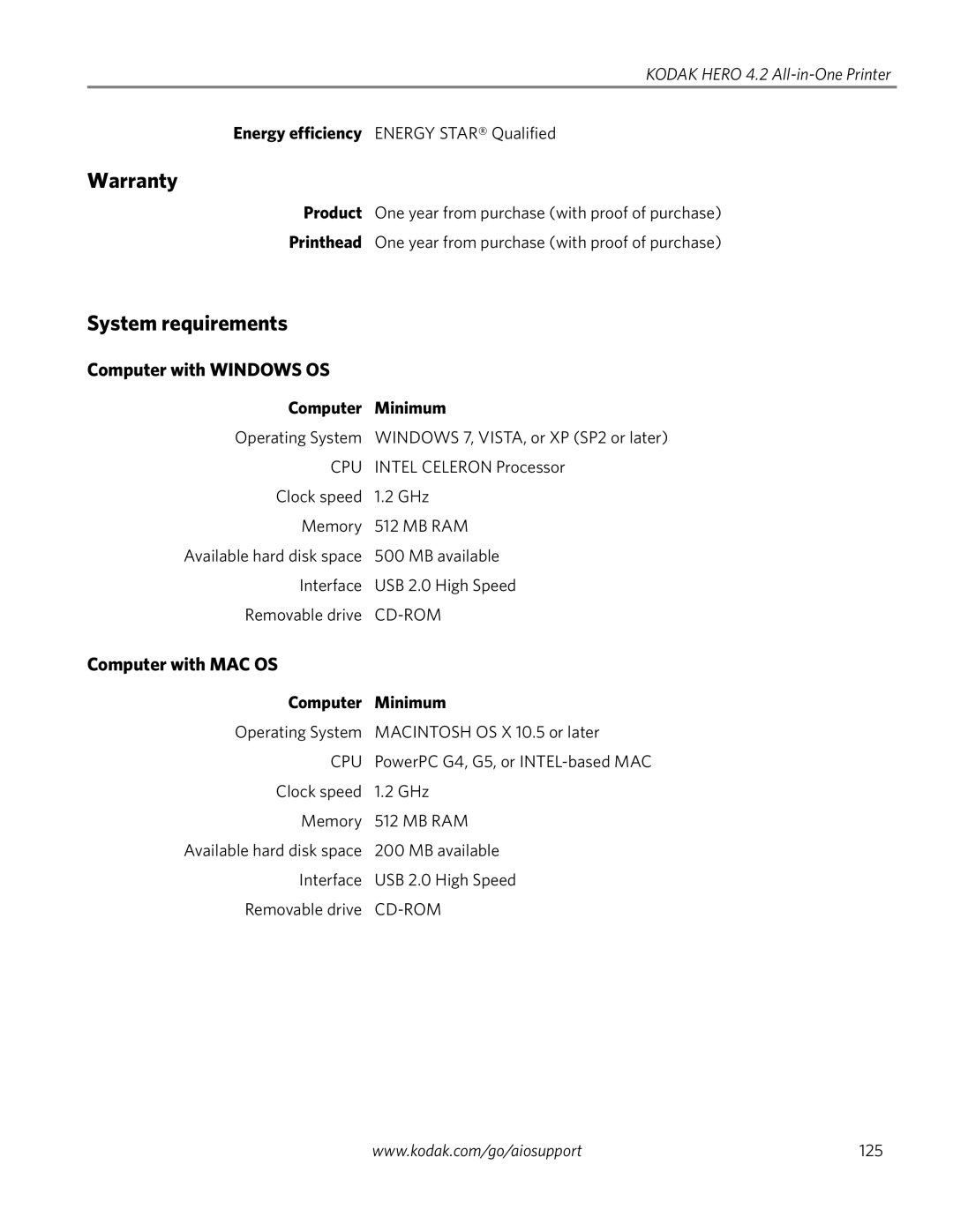 Kodak 4.2 manual Warranty, System requirements, Computer with Windows OS, Computer with MAC OS, Computer Minimum 