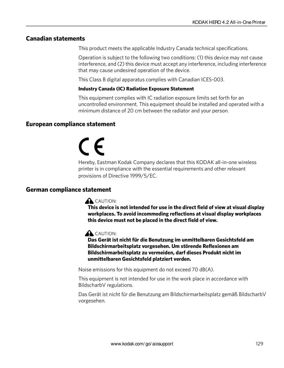 Kodak 4.2 manual Canadian statements, European compliance statement, German compliance statement 