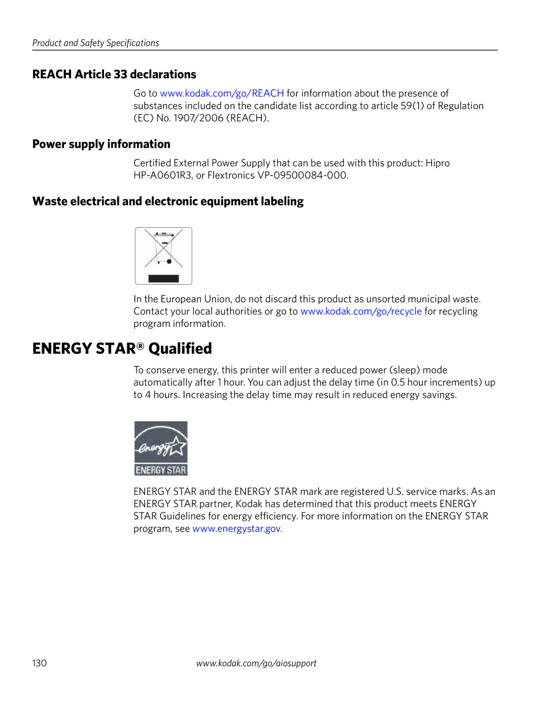 Kodak 4.2 manual Energy Star Qualified, Reach Article 33 declarations Power supply information 