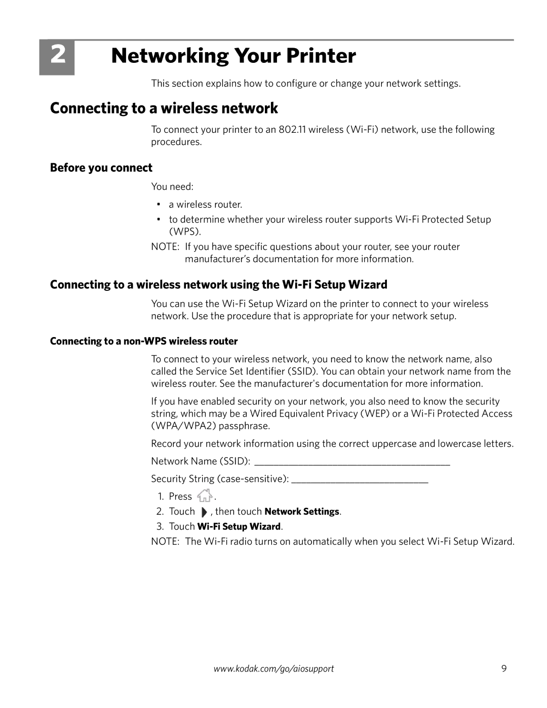 Kodak 4.2 manual Networking Your Printer, Connecting to a wireless network, Before you connect, Touch Wi-Fi Setup Wizard 