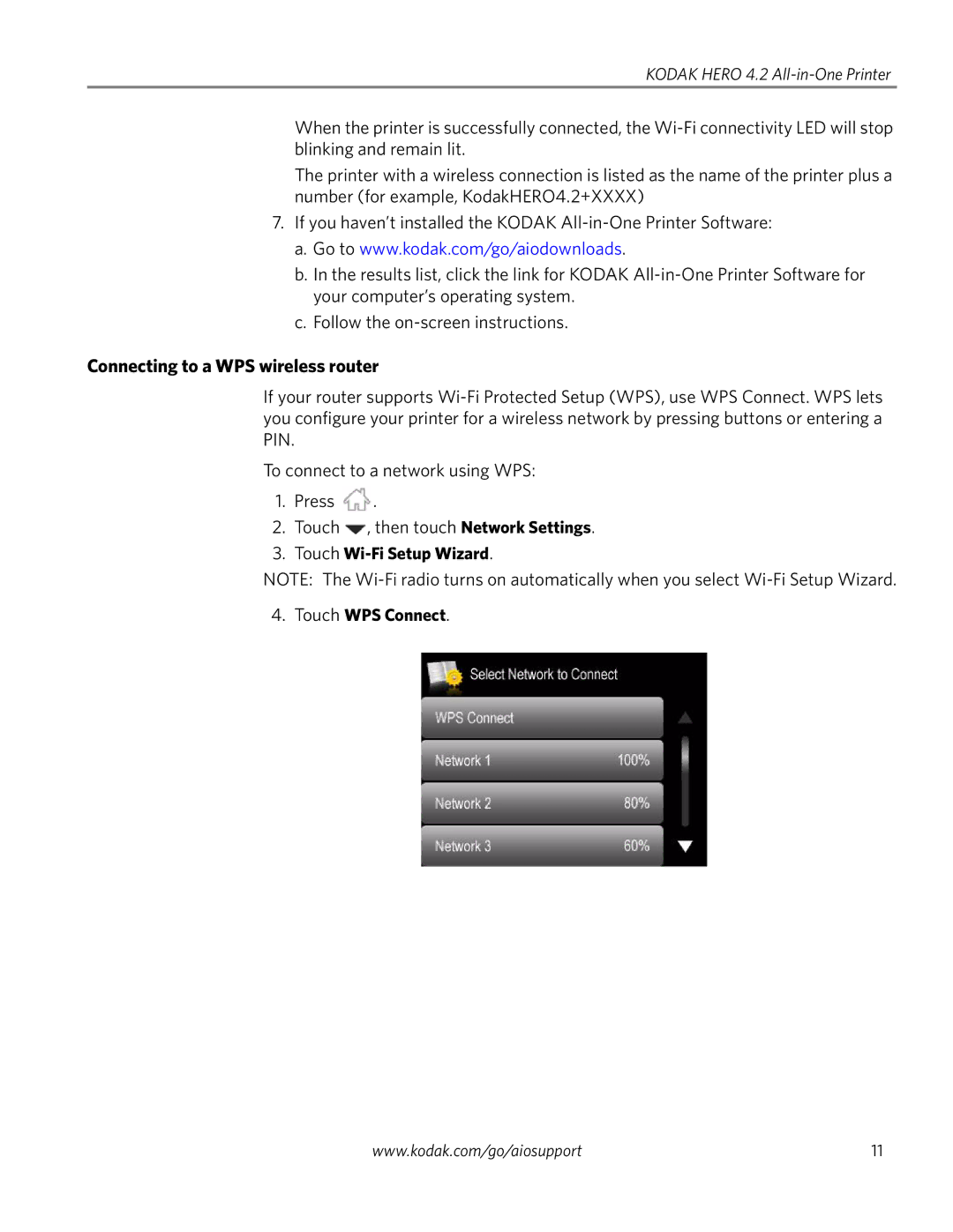 Kodak 4.2 manual Connecting to a WPS wireless router, Touch Wi-Fi Setup Wizard Touch WPS Connect 