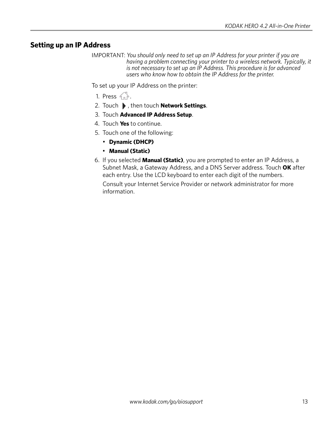 Kodak 4.2 manual Setting up an IP Address, Touch Advanced IP Address Setup, Dynamic Dhcp Manual Static 