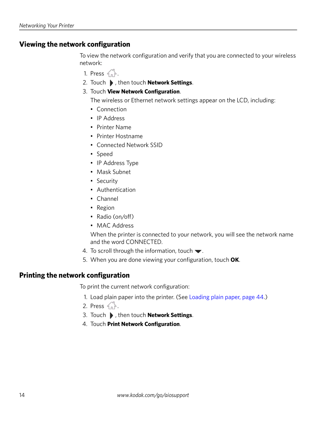 Kodak 4.2 manual Viewing the network configuration, Printing the network configuration, Touch View Network Configuration 