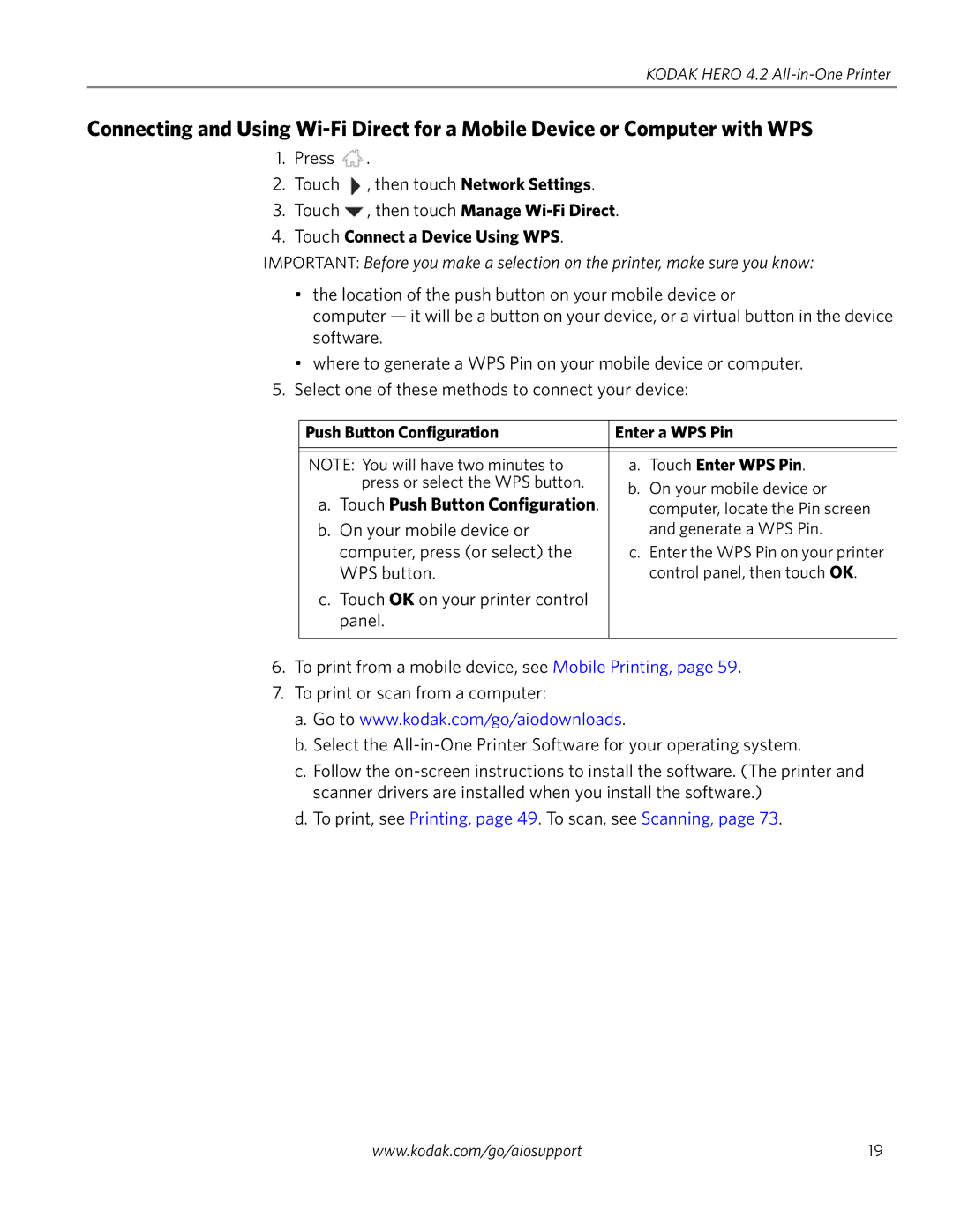 Kodak 4.2 manual Touch Connect a Device Using WPS, Touch Push Button Configuration 