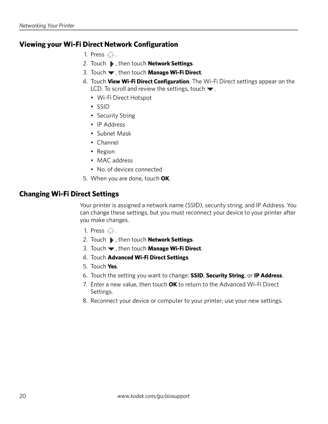 Kodak 4.2 manual Viewing your Wi-Fi Direct Network Configuration, Changing Wi-Fi Direct Settings 