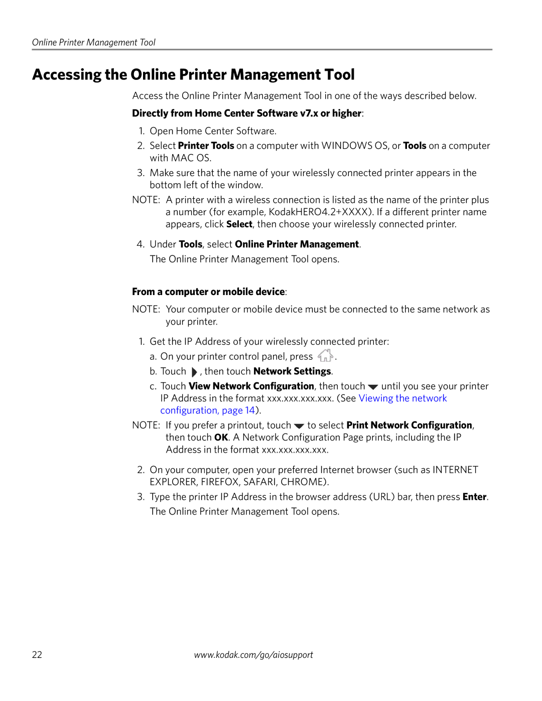 Kodak 4.2 manual Accessing the Online Printer Management Tool, Directly from Home Center Software v7.x or higher 