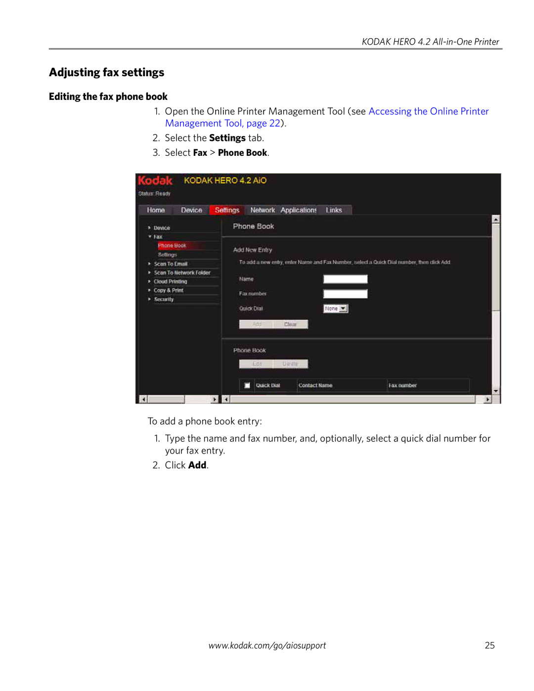 Kodak 4.2 manual Adjusting fax settings, Editing the fax phone book, Select Fax Phone Book 