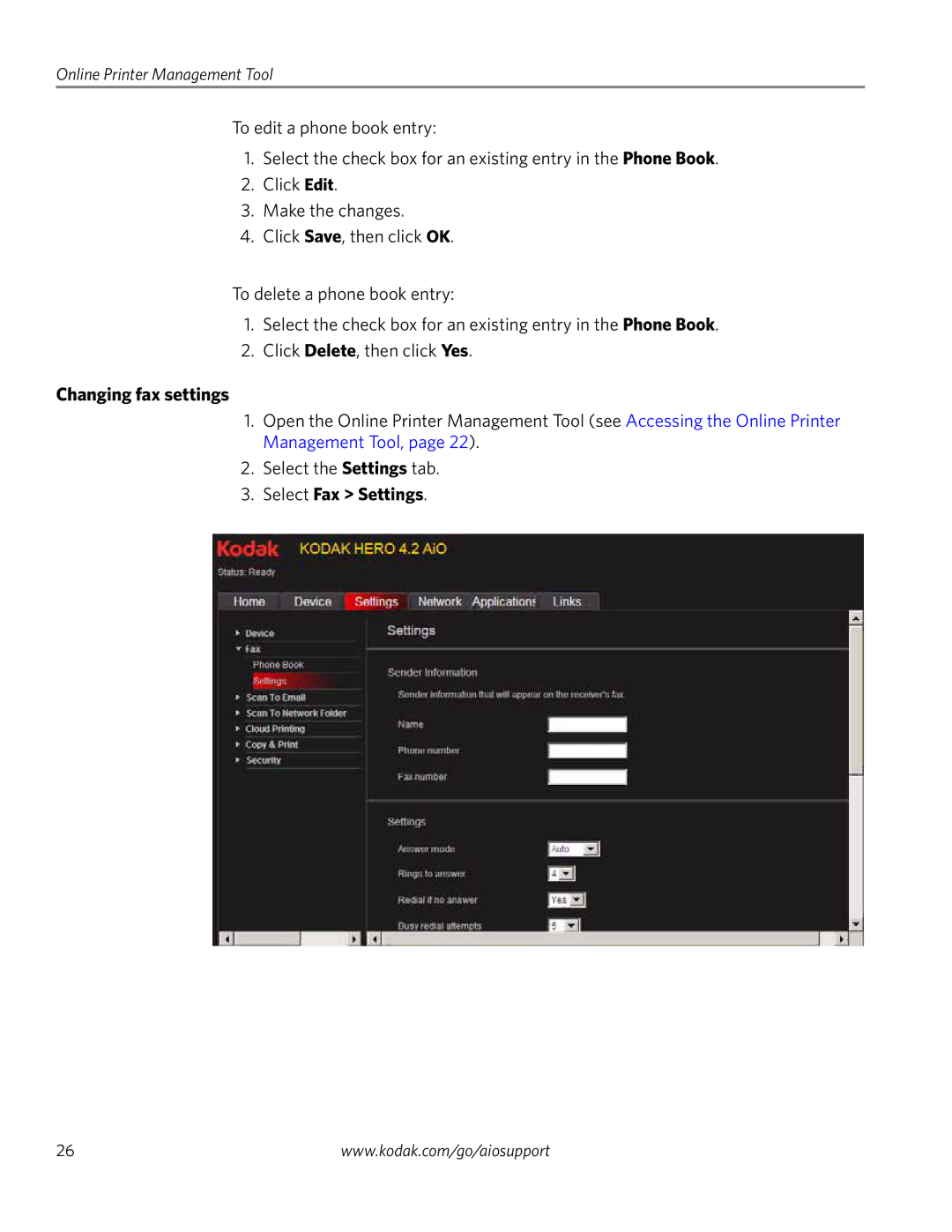 Kodak 4.2 manual Changing fax settings, Select Fax Settings 