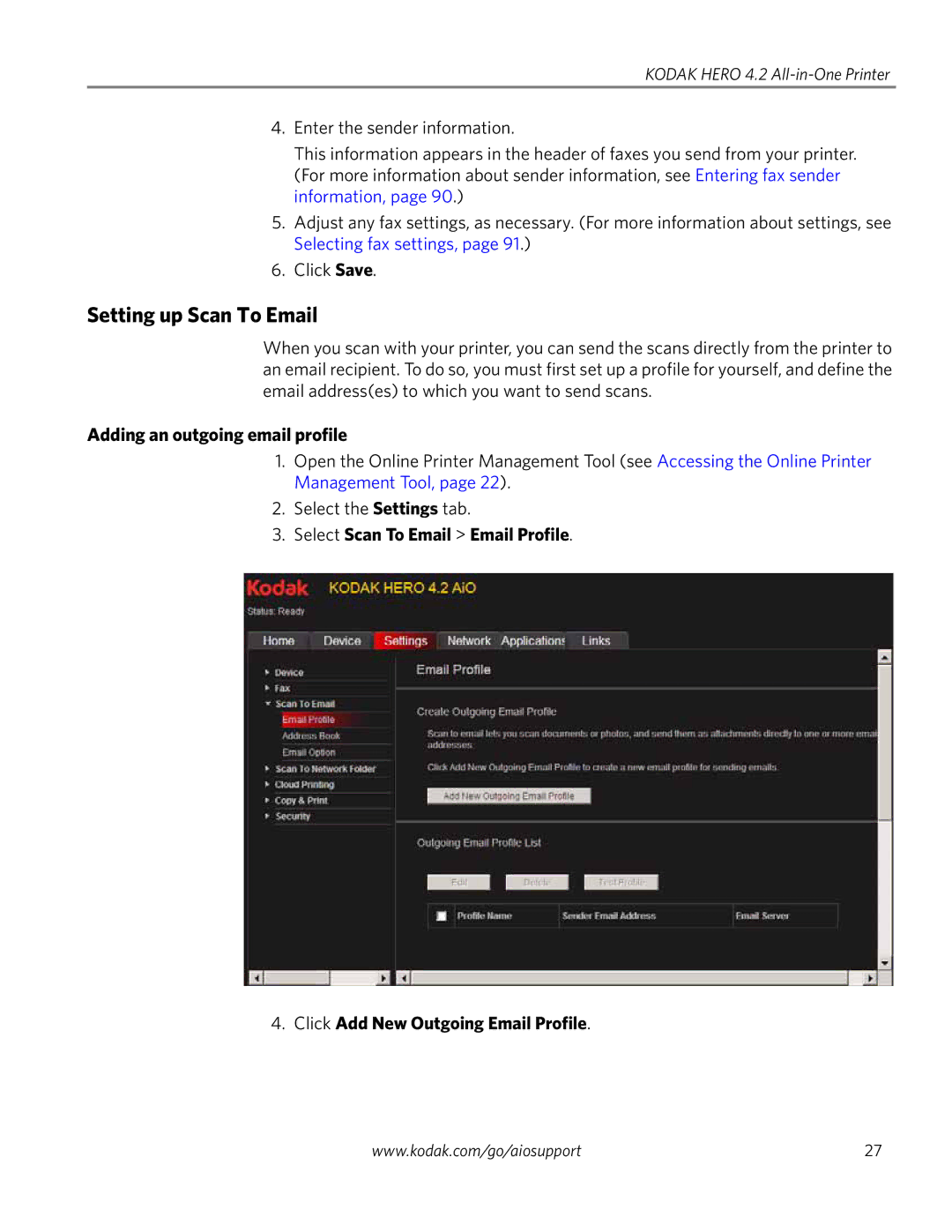 Kodak 4.2 manual Setting up Scan To Email, Adding an outgoing email profile 