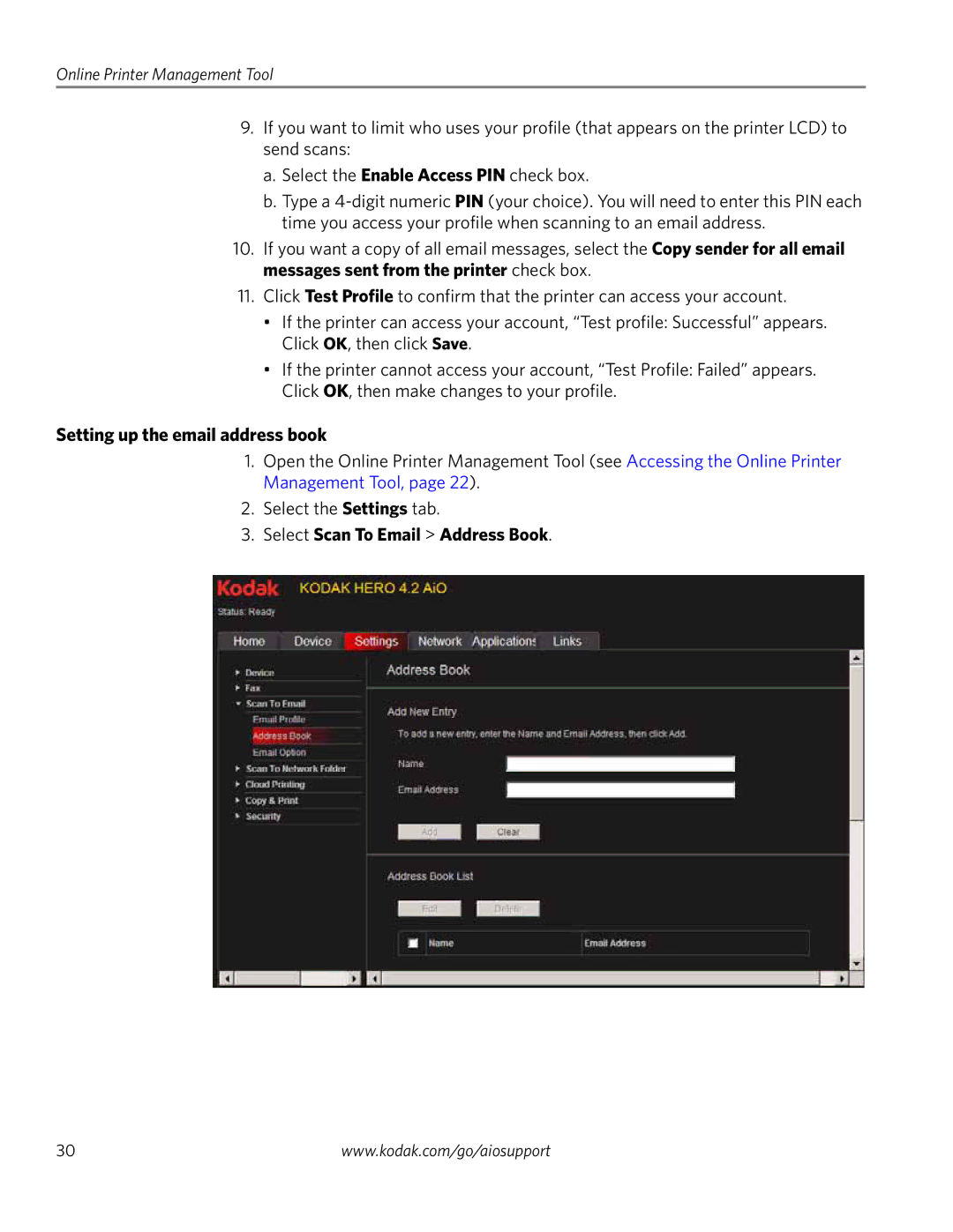 Kodak 4.2 manual Setting up the email address book, Select Scan To Email Address Book 