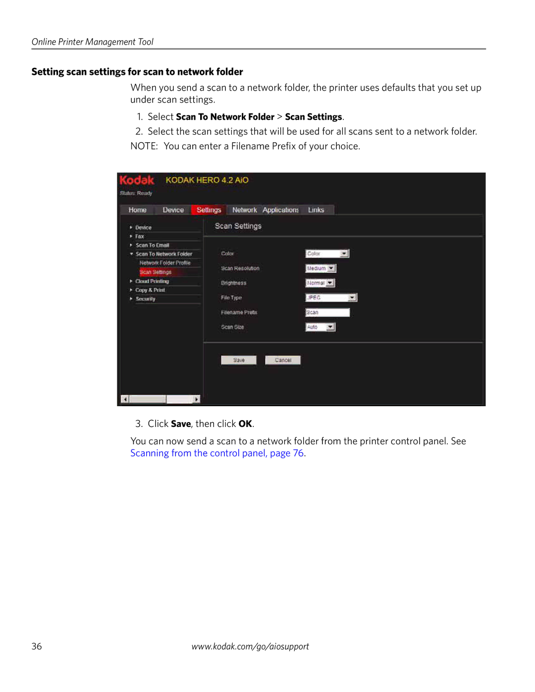 Kodak 4.2 manual Setting scan settings for scan to network folder, Select Scan To Network Folder Scan Settings 