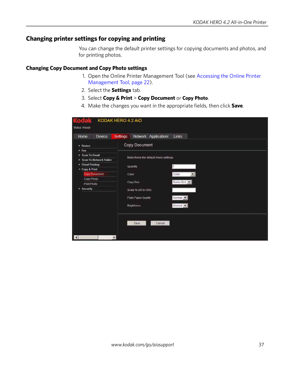 Kodak 4.2 manual Changing printer settings for copying and printing, Changing Copy Document and Copy Photo settings 