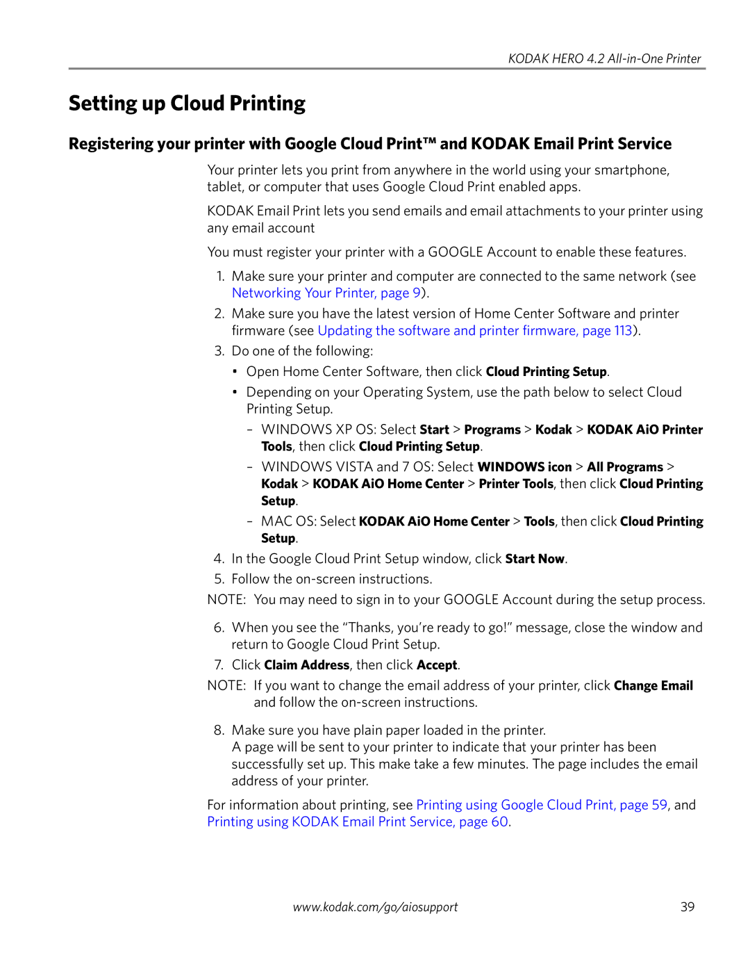 Kodak 4.2 manual Setting up Cloud Printing, Windows Vista and 7 OS Select Windows icon All Programs 