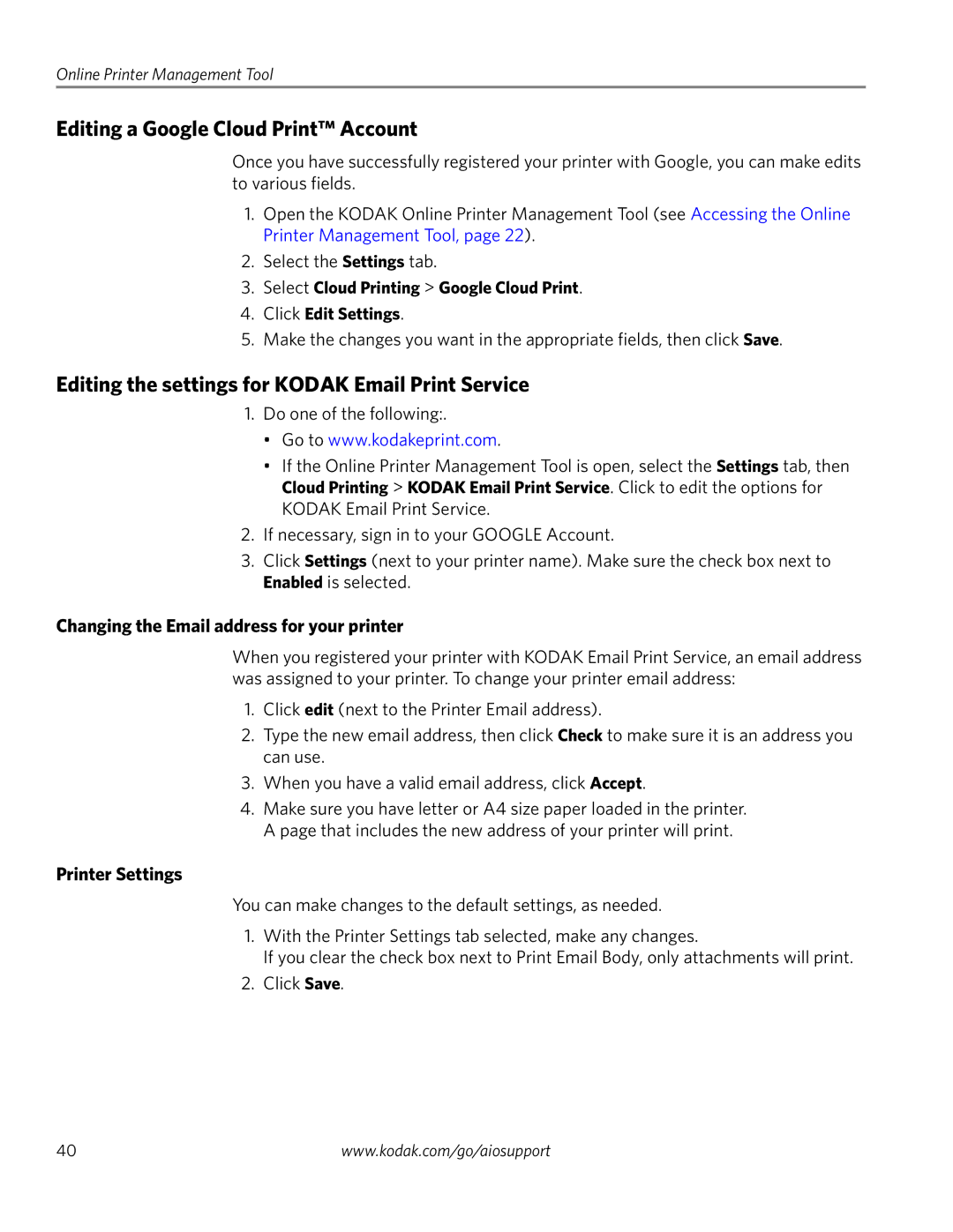 Kodak 4.2 manual Editing a Google Cloud Print Account, Editing the settings for Kodak Email Print Service, Printer Settings 