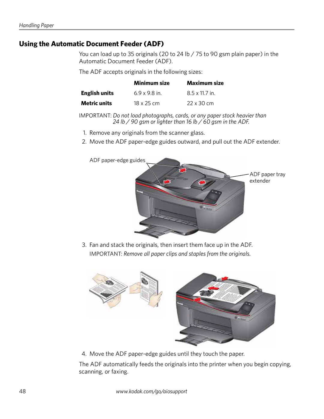 Kodak 4.2 manual Using the Automatic Document Feeder ADF, ADF paper-edge guides ADF paper tray extender 