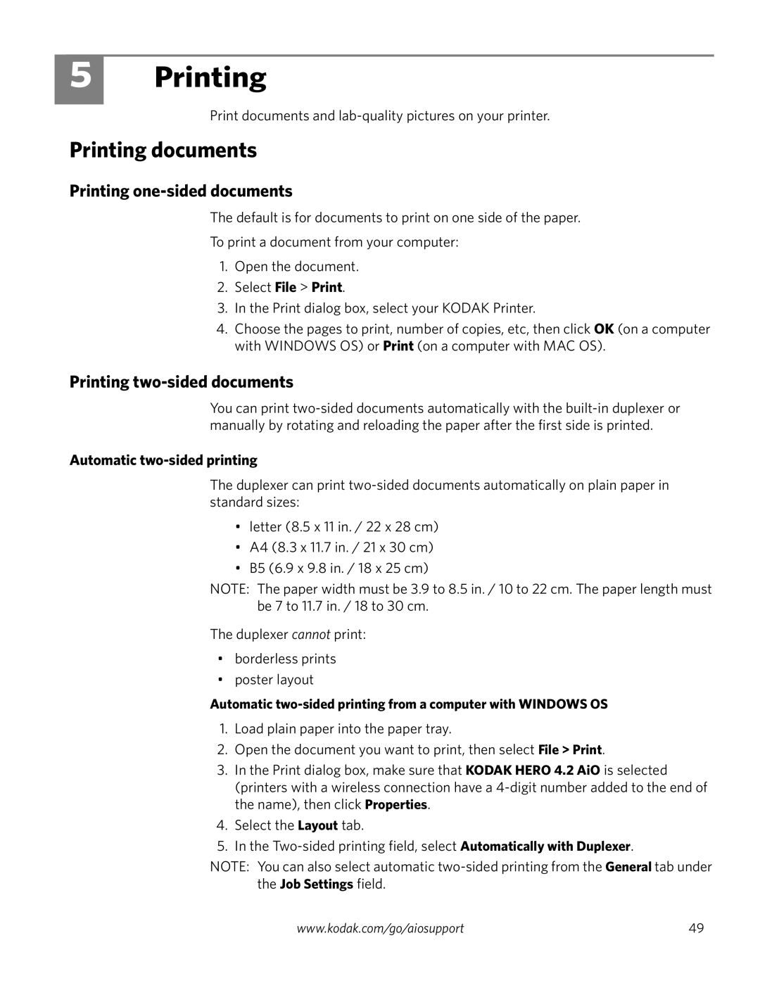 Kodak 4.2 Printing documents, Printing one-sided documents, Printing two-sided documents, Automatic two-sided printing 