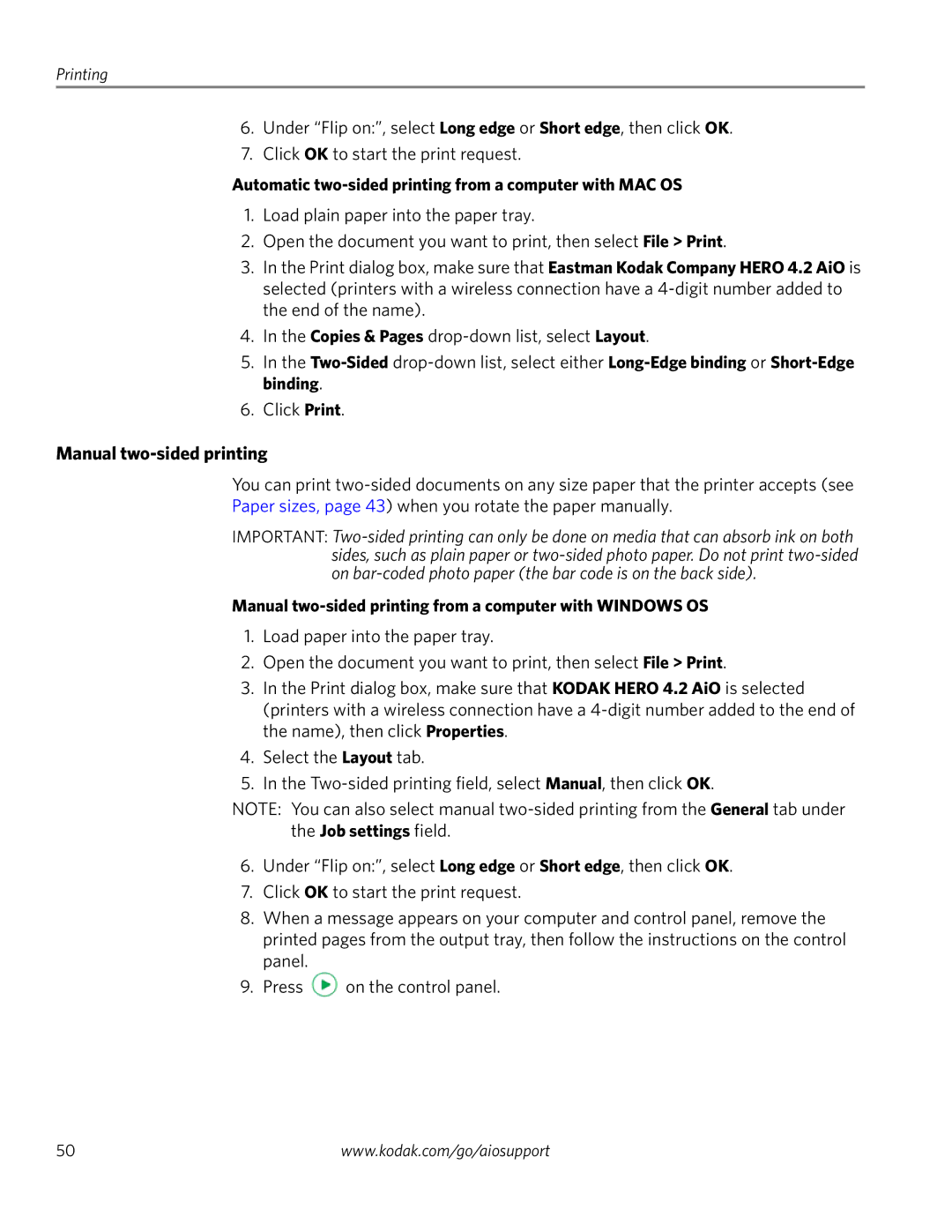 Kodak 4.2 manual Manual two-sided printing, Automatic two-sided printing from a computer with MAC OS 