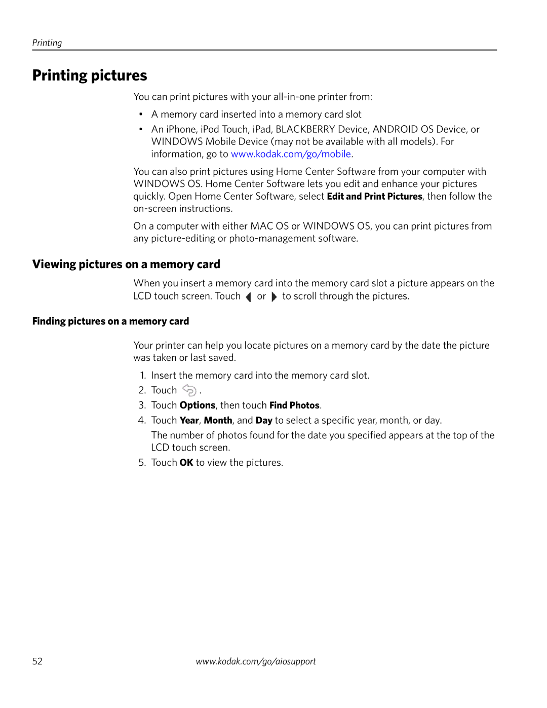 Kodak 4.2 manual Printing pictures, Viewing pictures on a memory card, Finding pictures on a memory card 