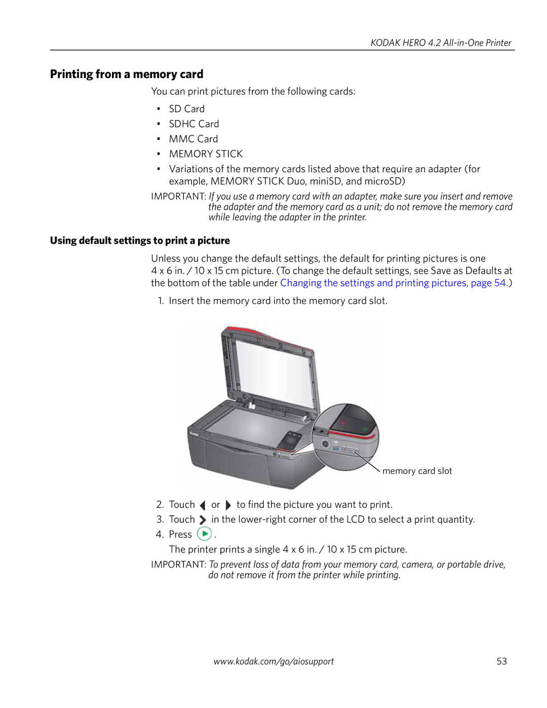 Kodak 4.2 manual Printing from a memory card, Using default settings to print a picture 