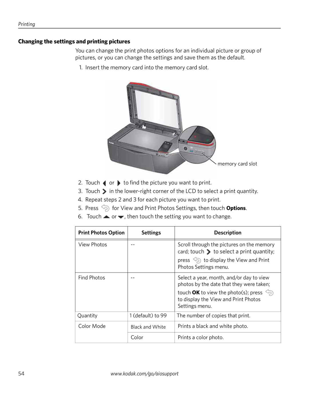 Kodak 4.2 manual Changing the settings and printing pictures, Settings Description 