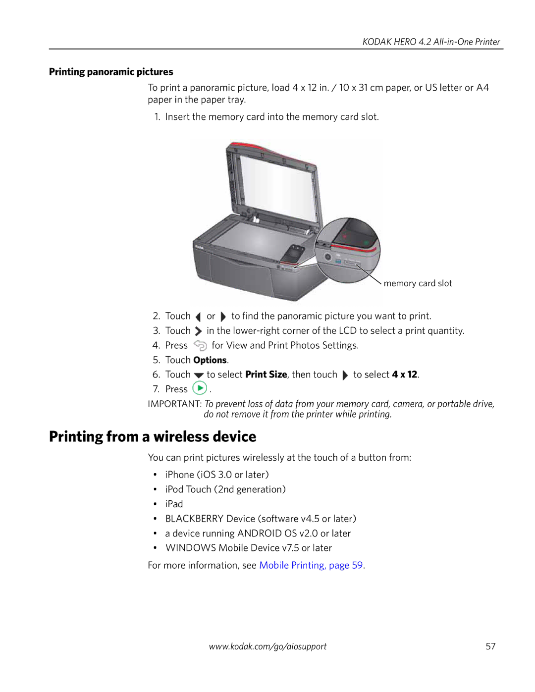 Kodak 4.2 manual Printing from a wireless device, Printing panoramic pictures 