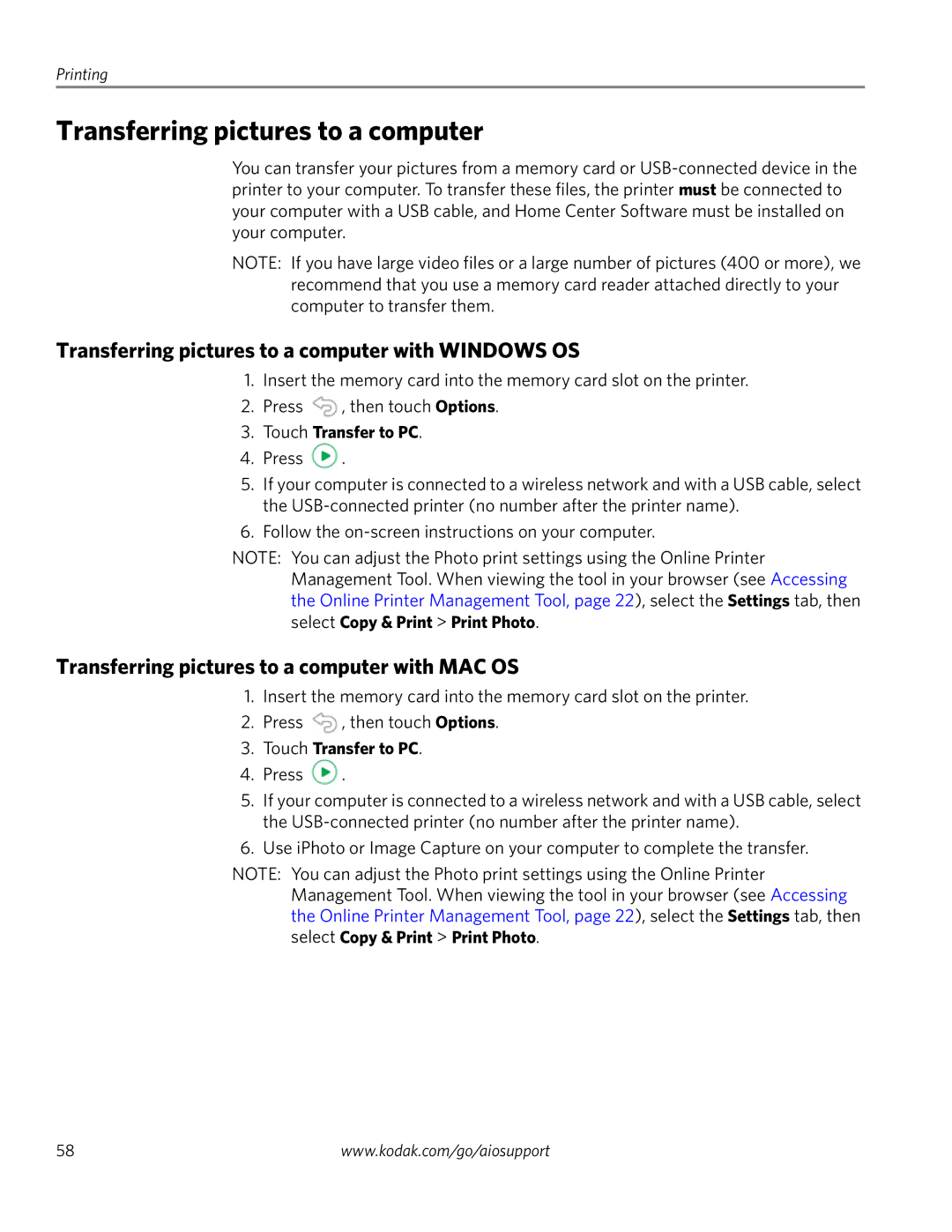 Kodak 4.2 manual Transferring pictures to a computer with Windows OS, Transferring pictures to a computer with MAC OS 