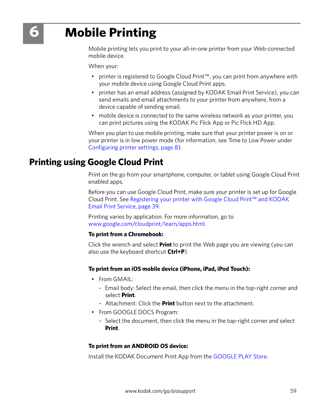 Kodak 4.2 manual Mobile Printing, Printing using Google Cloud Print, To print from a Chromebook 