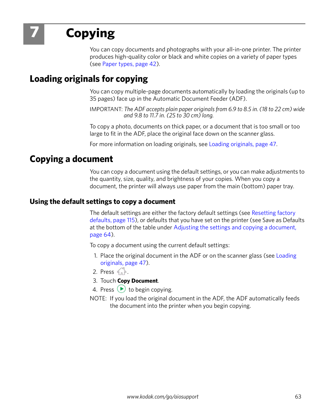 Kodak 4.2 manual Loading originals for copying, Copying a document, Using the default settings to copy a document 