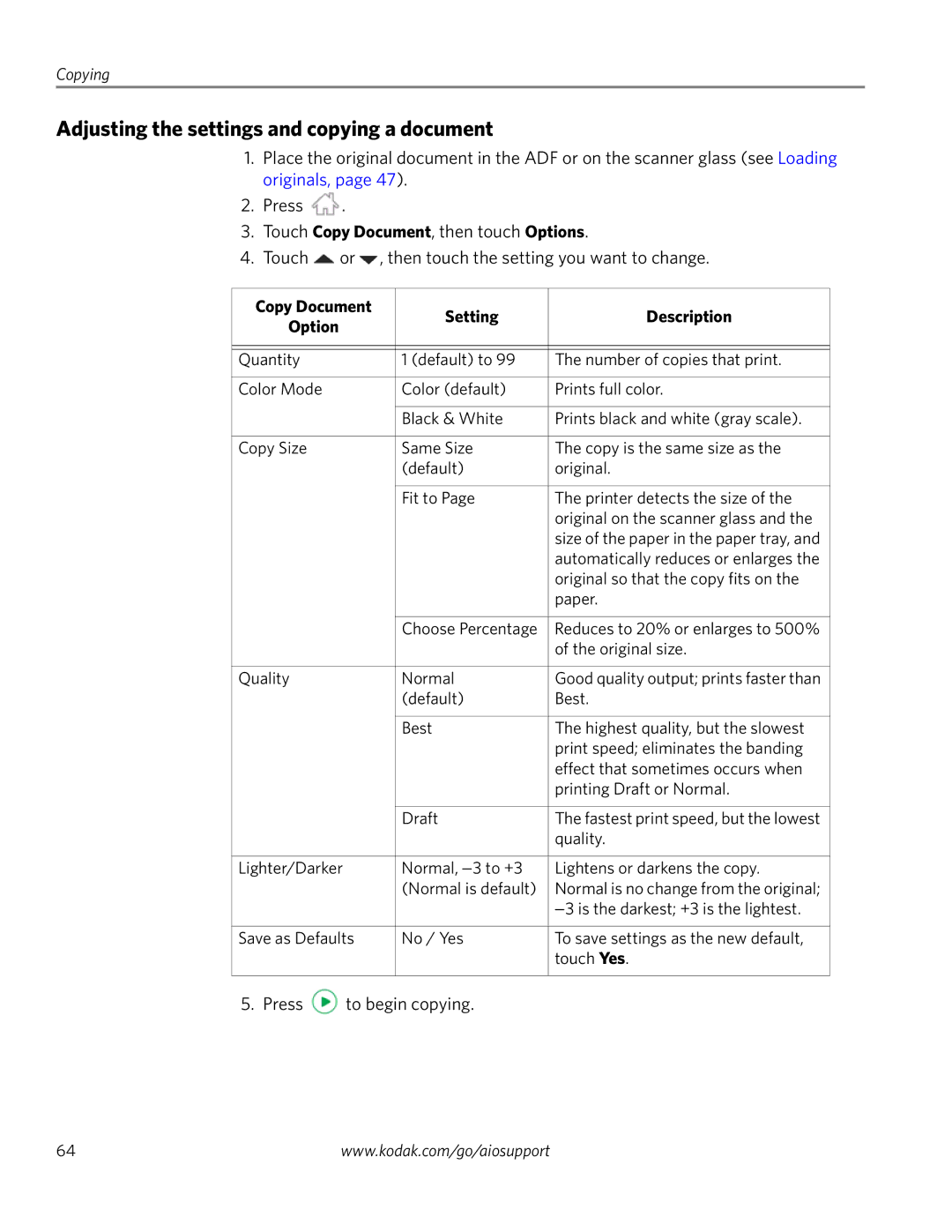 Kodak 4.2 manual Adjusting the settings and copying a document, Copy Document Setting Description Option 