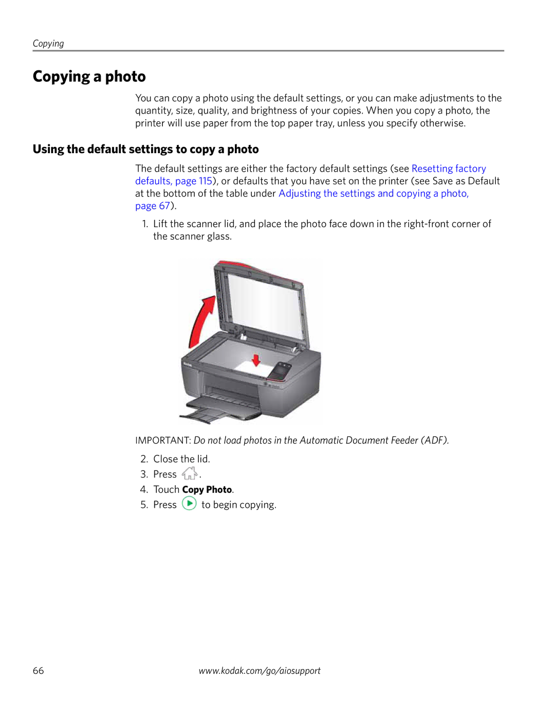 Kodak 4.2 manual Copying a photo, Using the default settings to copy a photo, Touch Copy Photo 