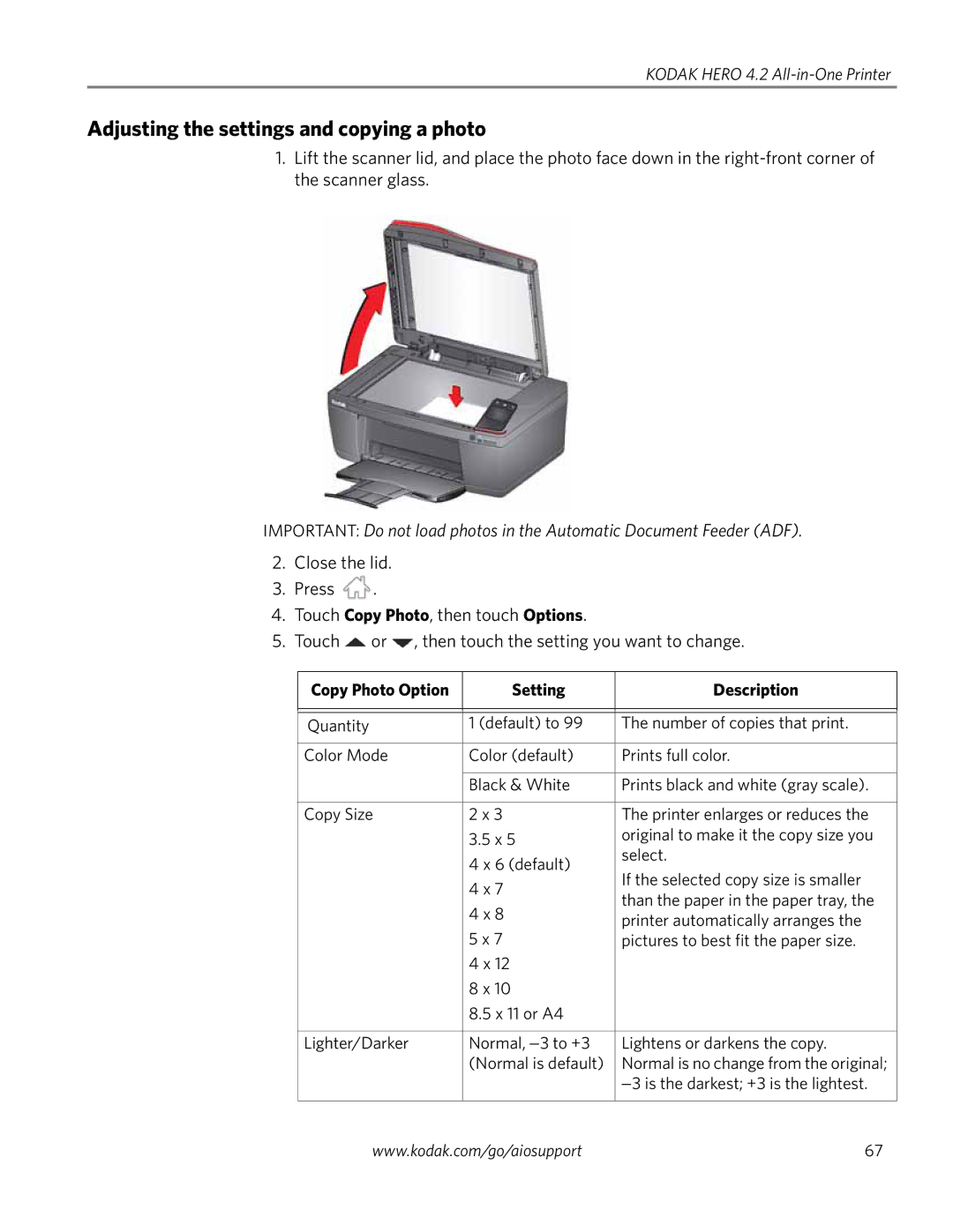 Kodak 4.2 manual Adjusting the settings and copying a photo, Copy Photo Option Setting Description 