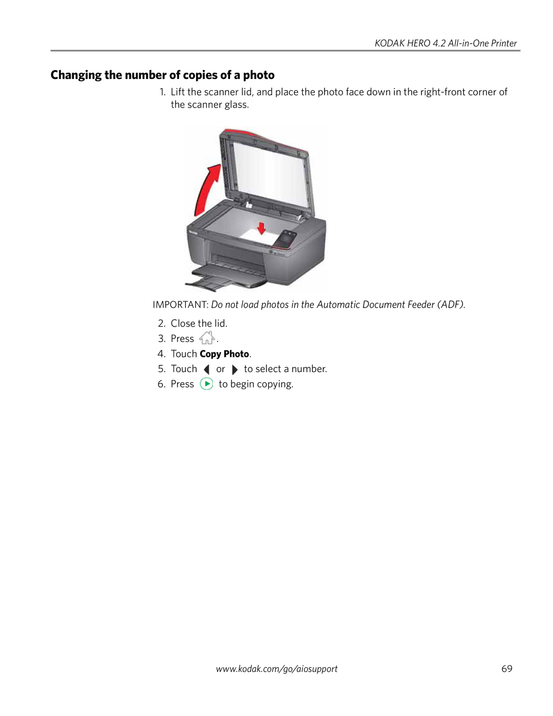 Kodak 4.2 manual Changing the number of copies of a photo, Touch Copy Photo 