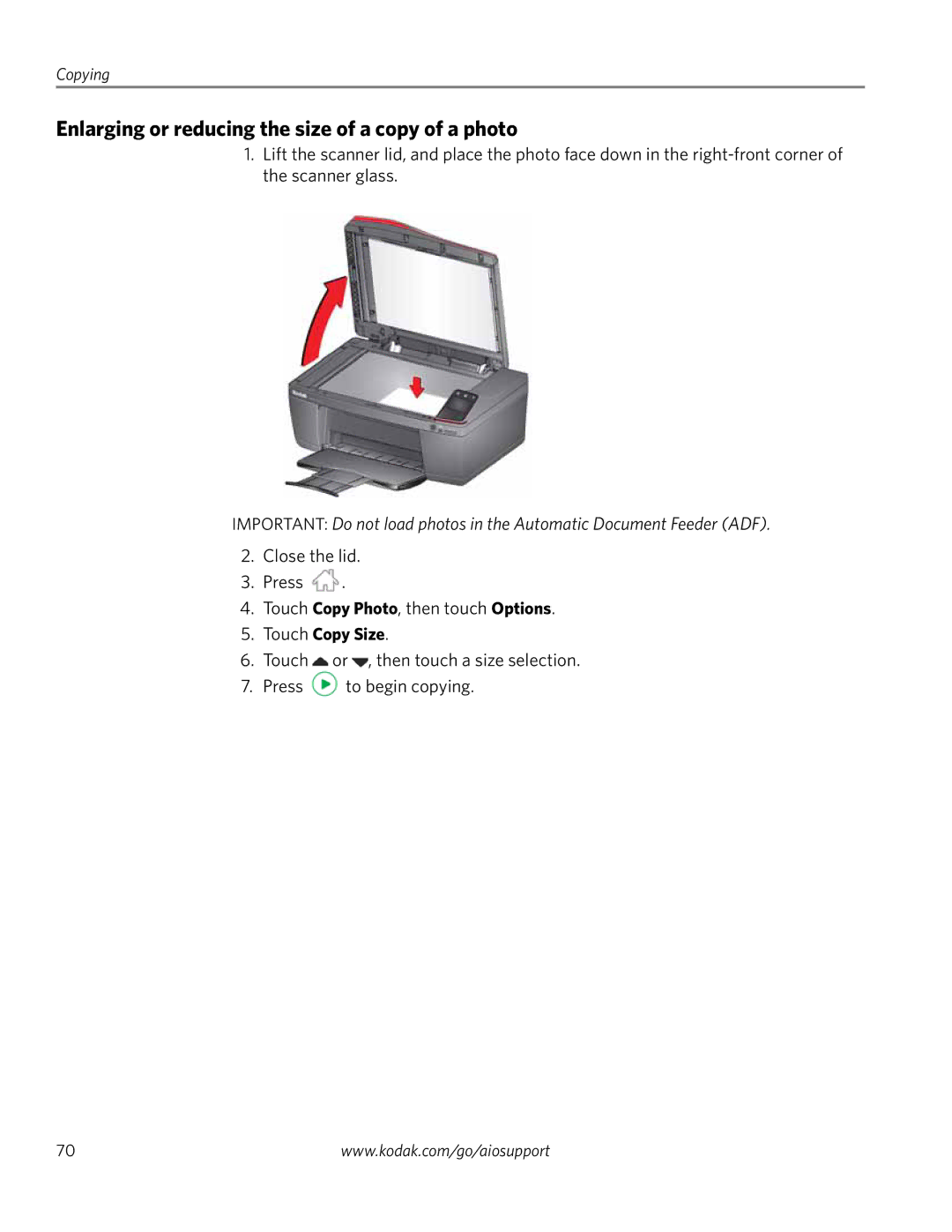 Kodak 4.2 manual Enlarging or reducing the size of a copy of a photo, Touch Copy Size 