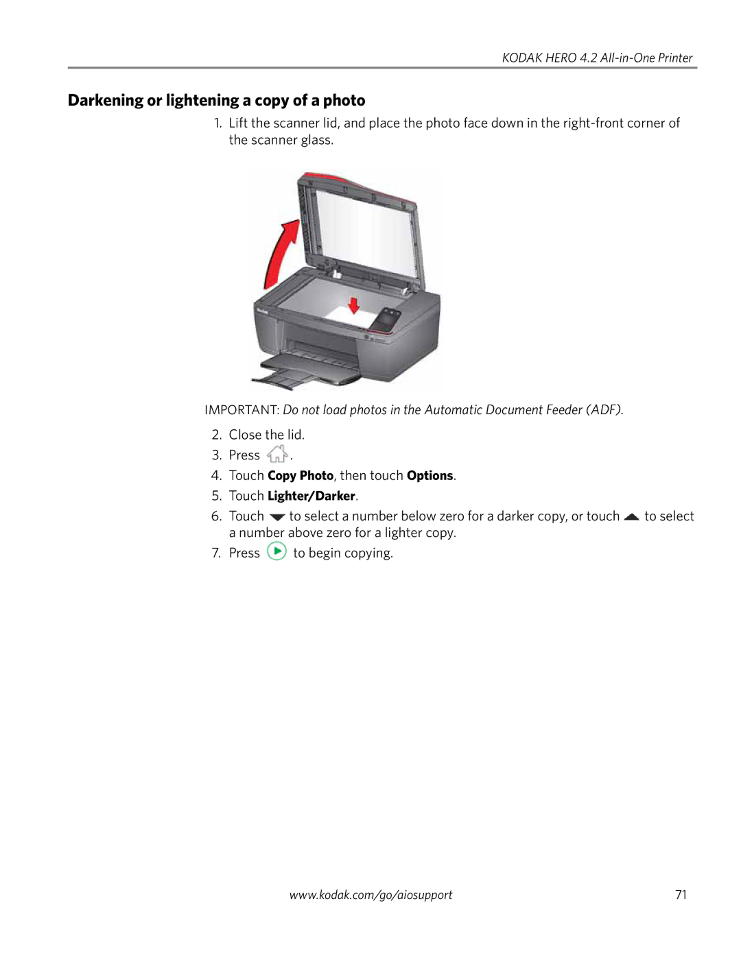 Kodak 4.2 manual Darkening or lightening a copy of a photo, Touch Lighter/Darker 