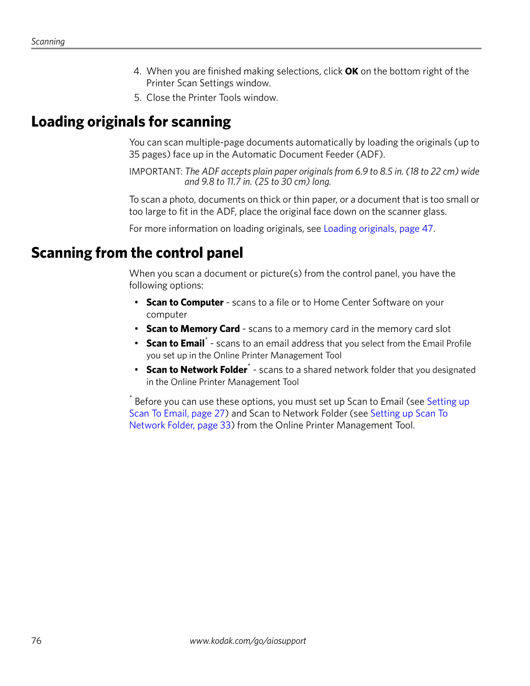 Kodak 4.2 manual Loading originals for scanning, Scanning from the control panel 