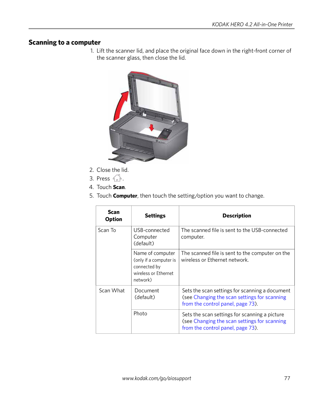 Kodak 4.2 manual Scanning to a computer, Scan Settings Description 