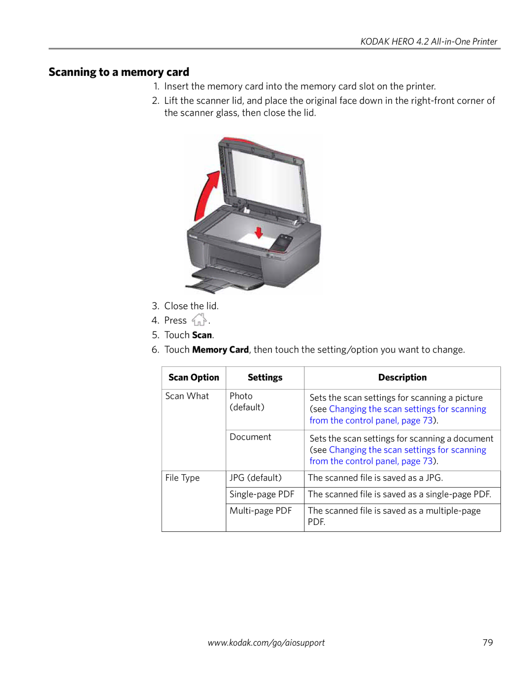 Kodak 4.2 manual Scanning to a memory card, Scan Option Settings Description 