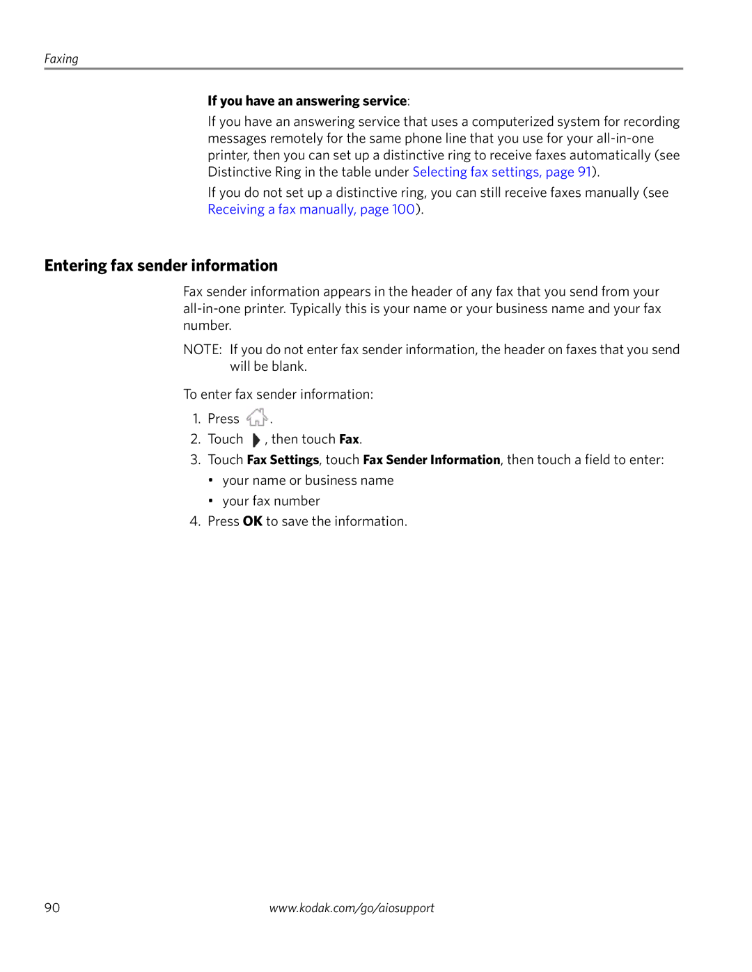 Kodak 4.2 manual Entering fax sender information, If you have an answering service 