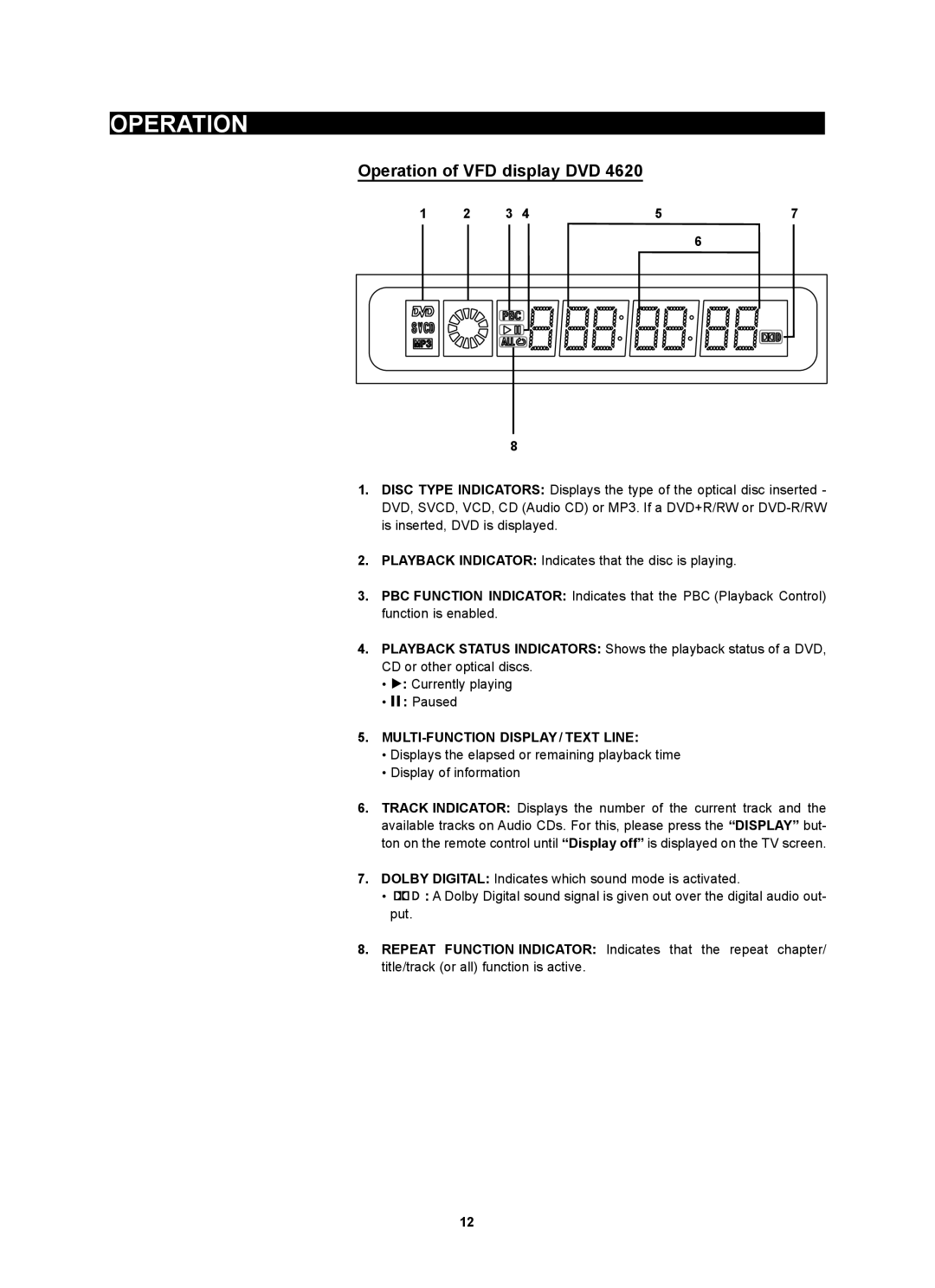 Kodak 4620 user manual Operation of VFD display DVD, MULTI-FUNCTION Display / Text Line 