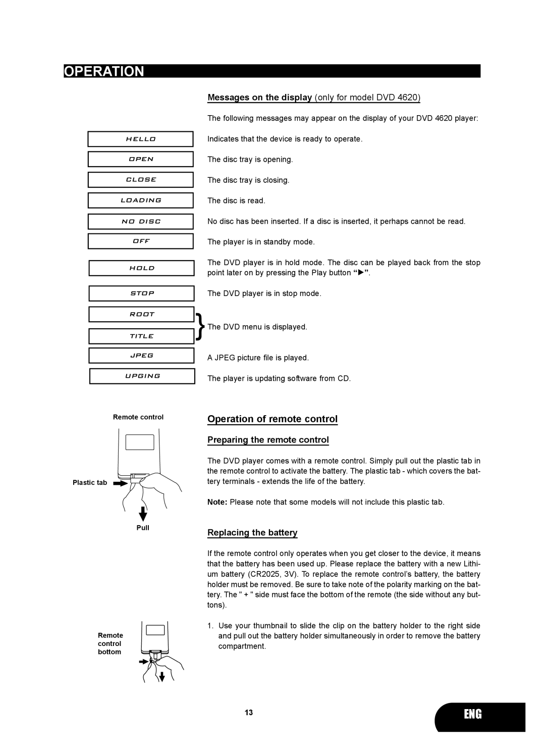 Kodak 4620 user manual Operation of remote control, Preparing the remote control, Replacing the battery 