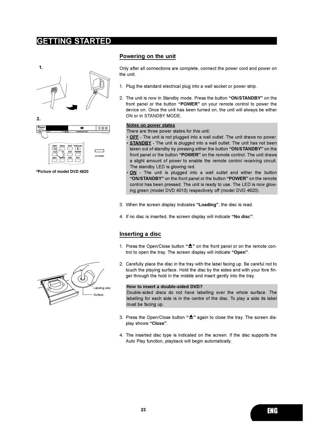 Kodak 4620 user manual Getting Started, Powering on the unit, Inserting a disc, How to insert a double-sided DVD? 