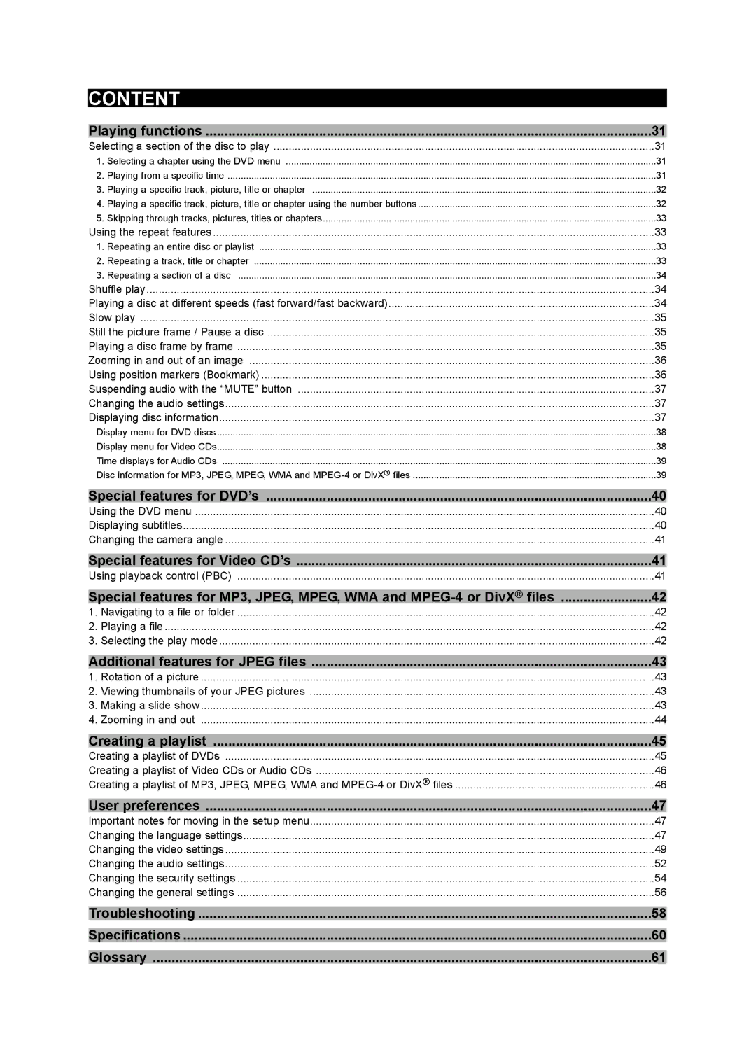 Kodak 4620 user manual Playing functions, Special features for DVD’s, Special features for Video CD’s, Creating a playlist 