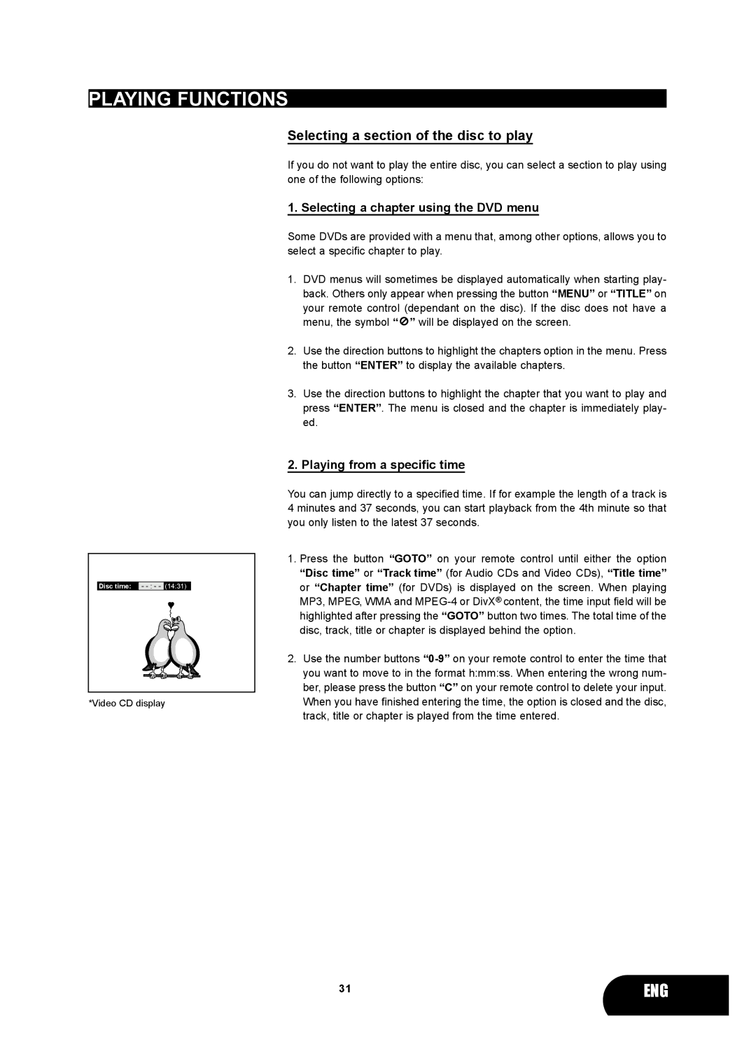 Kodak 4620 user manual Playing Functions, Selecting a section of the disc to play, Selecting a chapter using the DVD menu 