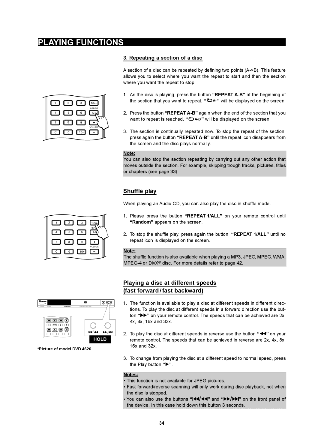 Kodak 4620 user manual Shuffle play, Repeating a section of a disc 